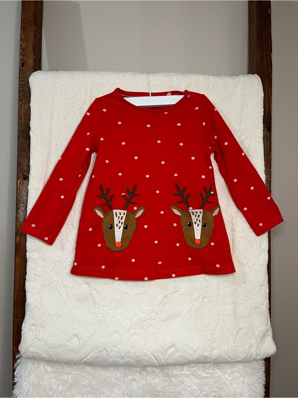 Mini Boden Girls Festive Red Reindeer Appliqué Pocket Tunic Dress Size 4-5Y